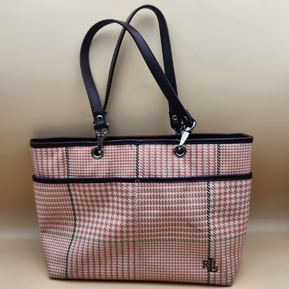 Lauren Ralph Lauren Brown Pink Houndstooth Plaid Handbag Purse Tote Bag